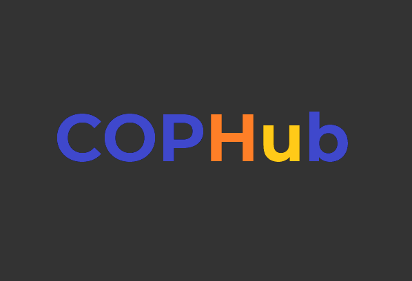 COP Hub logo.  Blue COP, orange H, yellow u, blue b